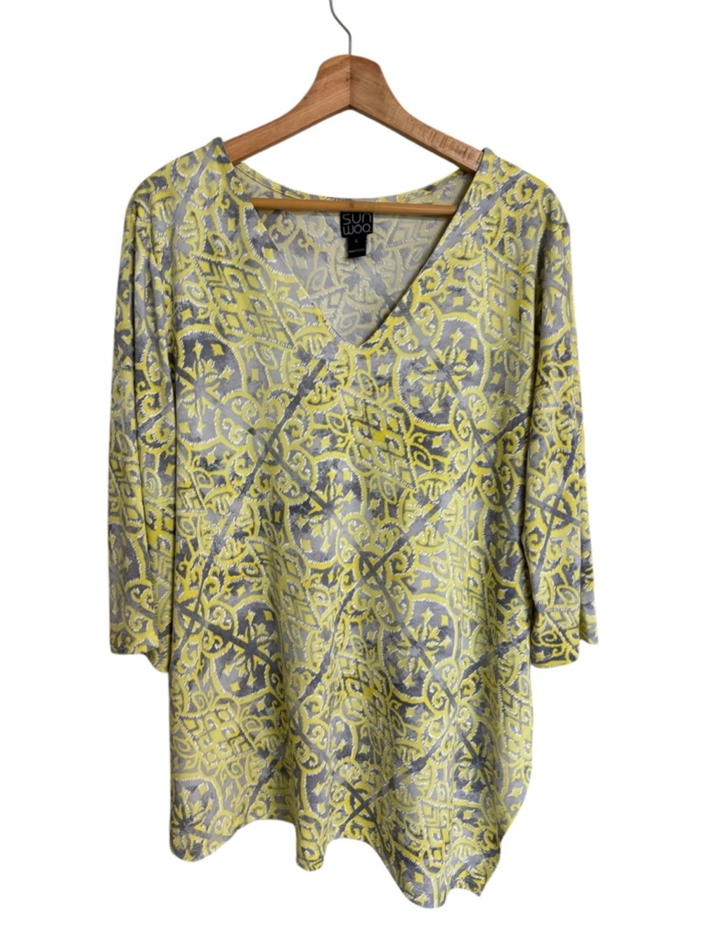 Clara Sun Woo yellow gray geometric floral print abstract artsy stretch tunic L